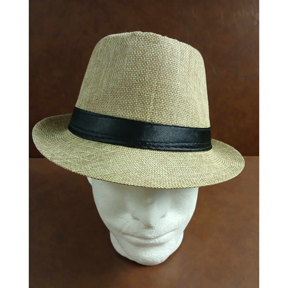 Beige Woven 100% Flax Fedora Trilby Hat with Black Band Unisex Summer Sun Hat